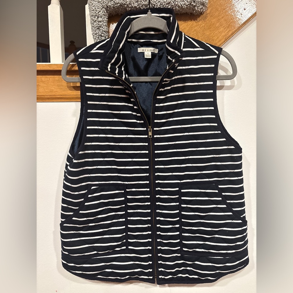 Miami Women's Navy and White Striped Quilted Vest - Large